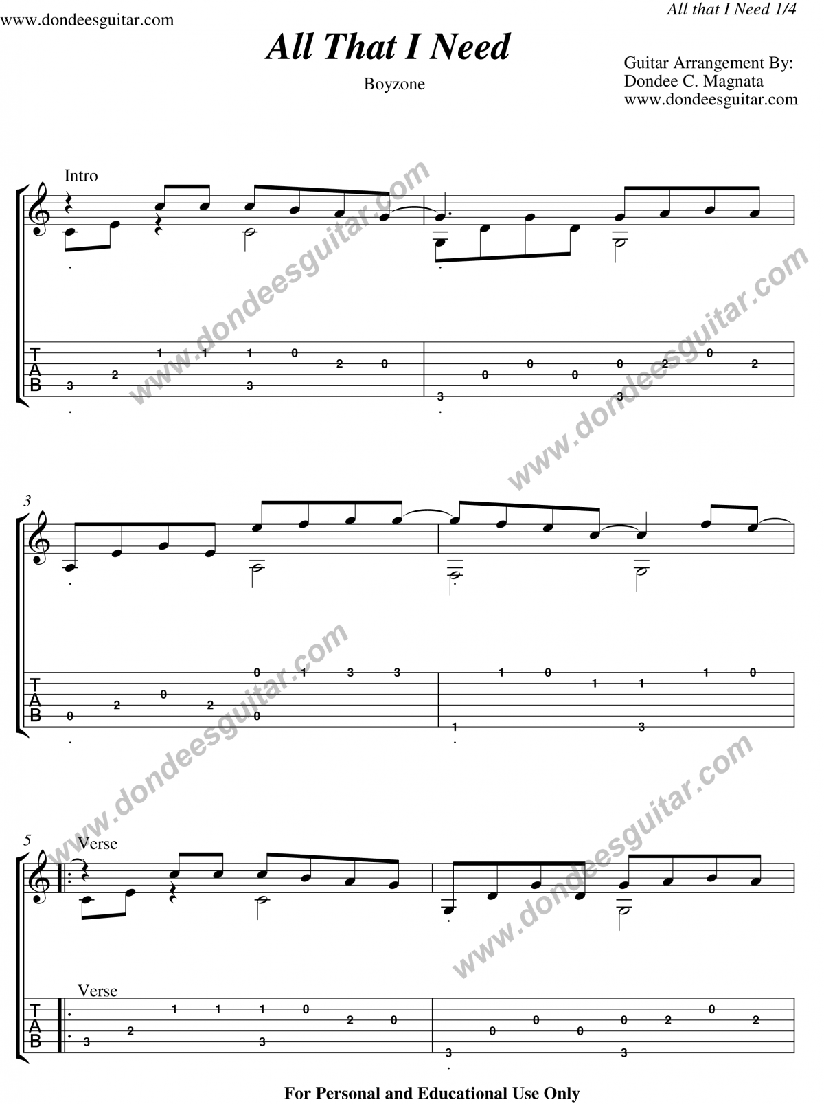 All That I Need Fingerstyle Tabs - Boyzone | Dondee's Guitar Easy Tabs