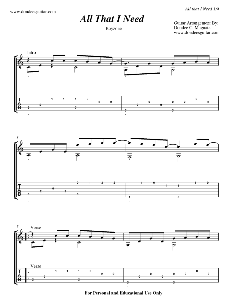 All That I Need Fingerstyle Tabs - Boyzone | Dondee's Guitar Easy Tabs