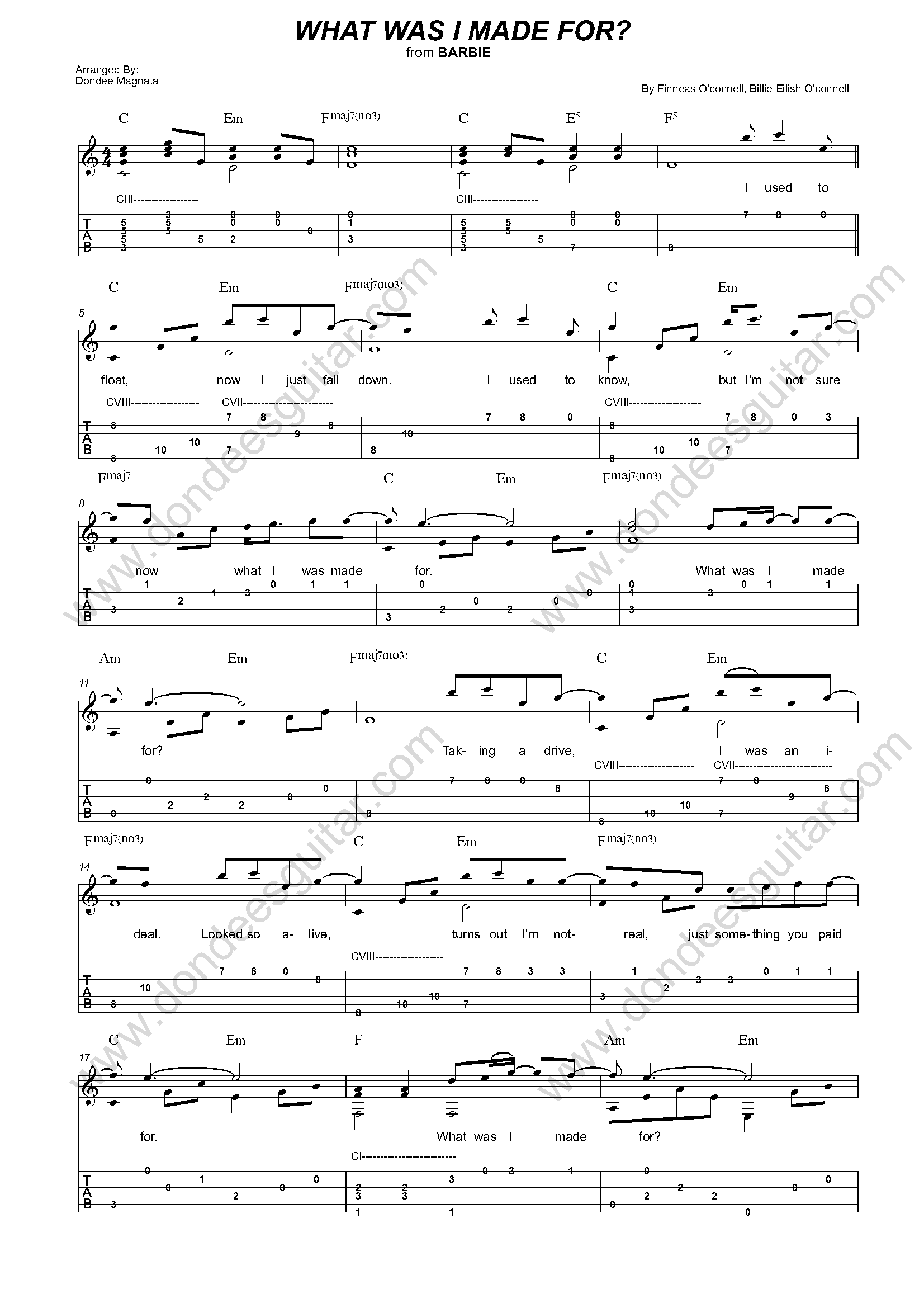 What Was I Made For Fingerstyle Guitar Tab